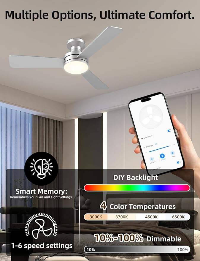 Homlit 42" RGB Ceiling Fan with Light, Music Sync Smart Fan with Alexa/Google/App Control, Low Profile Flush Mount, 6-Speed Quiet DC Motor, 4 CCT Dimmable Lighting for Bedroom Living Room, Silver