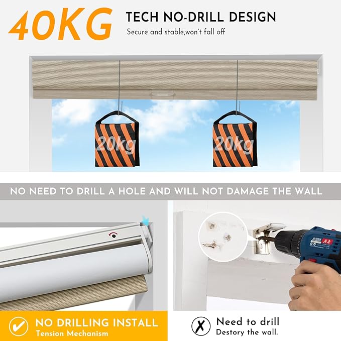 Persilux Smart Motorized Blinds with Remote, No Drill Automatic Roller Shades for Indoor Windows, Blackout Linen Fabric, Electric Blinds for Windows, Weave Straw C162BO-4, Custom Size