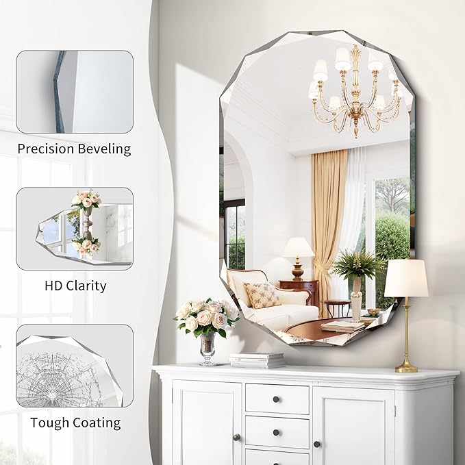 GLASHOM Frameless Bathroom Mirror, 30x48 inch Beveled Bathroom Mirror Wall Mounted, Modern Frameless Mirror for Bathroom, Living Room, Entryway Mirror Horizontal or Vertical