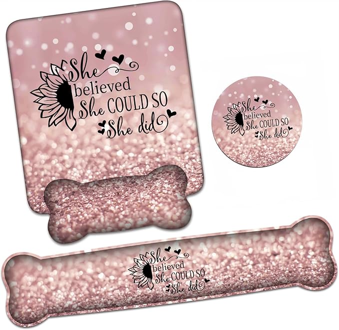 Ergonomic Mouse Pad Wrist Support and Keyboard Wrist Rest Set with Coasters, She Believed She Could So She Did Inspirational Quote with Non-Slip PU Base, Perfect for Home Office Working Studying