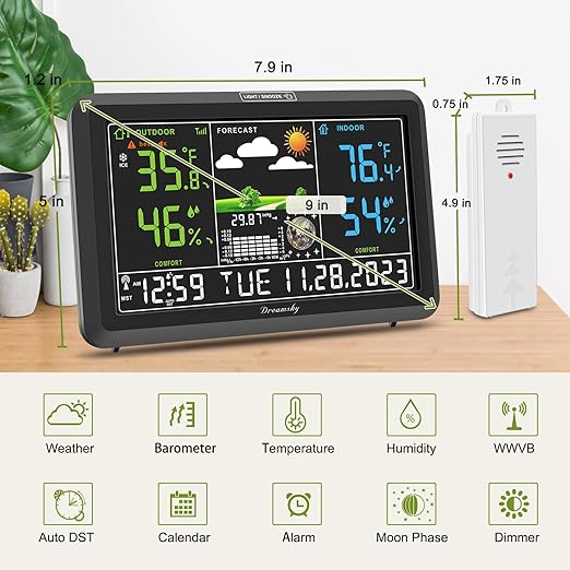 DreamSky Weather Station Indoor Outdoor Thermometer Wireless with Digital Atomic Clock for Home, Large Display with Dimmer, USB Port, Inside Outside Temperature Humidity Monitor (Adapter Powered)