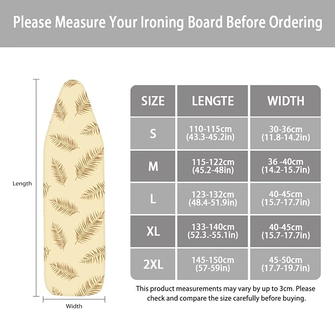 ZCFYGDX Ironing Board Covers,Elastic Edge 3 Bottom Nylon Buckle Straps, Stain Resistant & Resistant Scorch, Easy to Installation Fasteners Minimalist Palm Leaf Print Decor Size-M 15 x 48