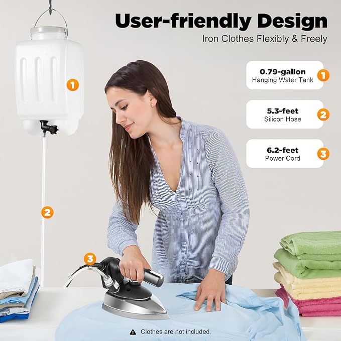 1200W Industrial Electric Steam Iron, Professional Steam Iron with 0.79gal Water Tank and Adjustable Temperature for Garment Factories Curtain Stores Dry Cleaners