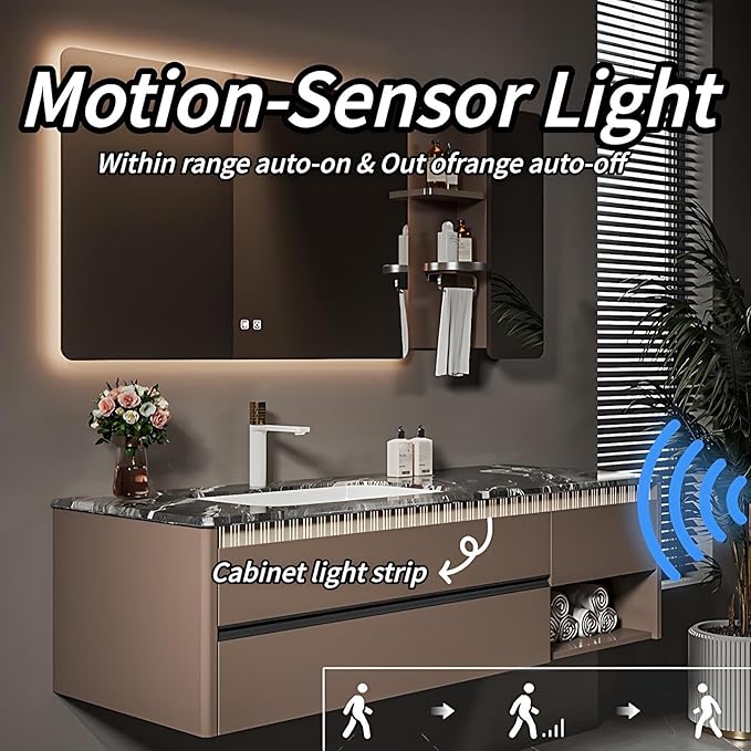 Modern Bathroom Vanity - Spacious Deep Sink | Defogging LED Mirror & Human Body Sensor Light, Open Side Panel, Floating Smart Bathroom Vanities (60IN)