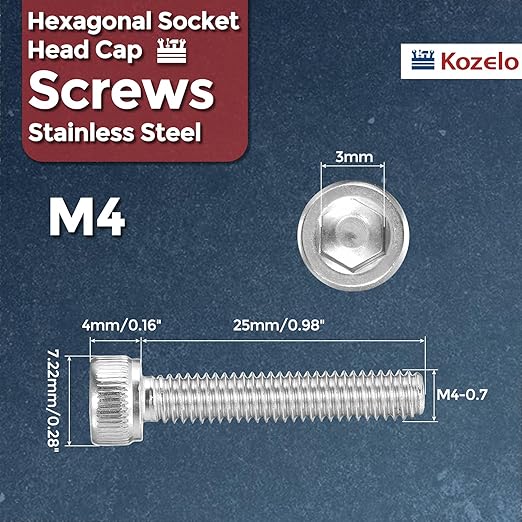 Kozelo 1pcs Socket Head Cap Screws - [M4-0.7 x 25mm] 304 Stainless Steel Allen Socket Drive for Electrical Motor 3D Printing Fan Engine Replacement Use, Silver