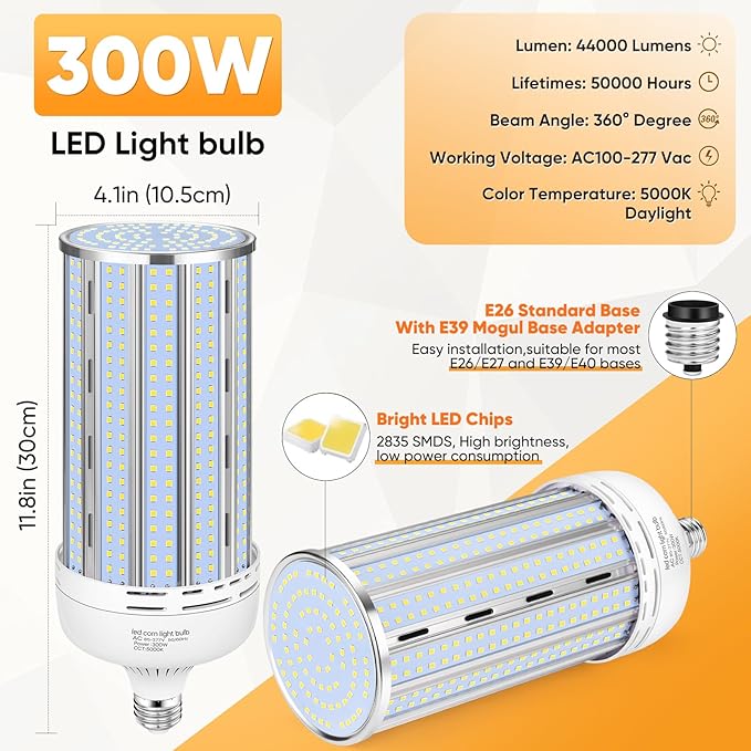 XYCN 2 Pack 300W Corn LED Light Bulb Fanless,5000K Daylight(3000 Watt Equivalent) E26/E39 Large Mogul Base LED Cob Lamp 44,000LM for Outdoor Indoor Garage Warehouse Factory Workshop Street Backyard