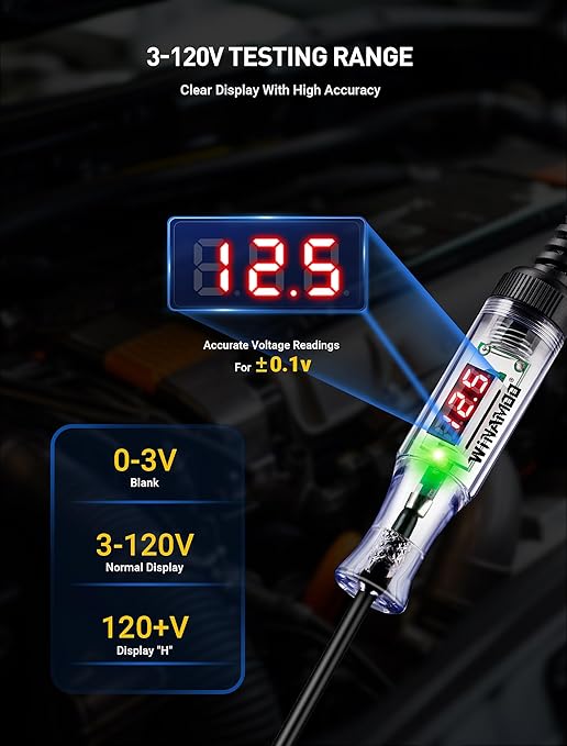 WINAMOO Automotive Test Light with 3-120V LED Digital Voltage Display, Auto Circuit Tester with Voltmeter & Dual Color Polarity Indicate, Electric Test Pen w/Stainless Probe for Car/Truck/SUV Checker