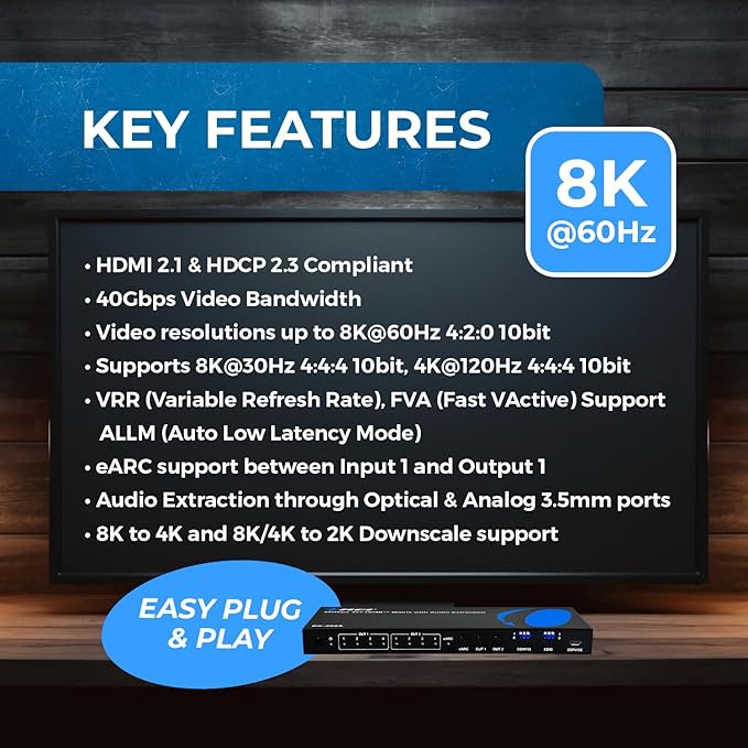 OREI 8K eARC HDMI Matrix Switch 4 X 2, Switcher with Audio Extractor UltraHD Supports Upto 4K @ 120Hz IR EDID HDCP 2.3 - Remote Control (BK-402A)