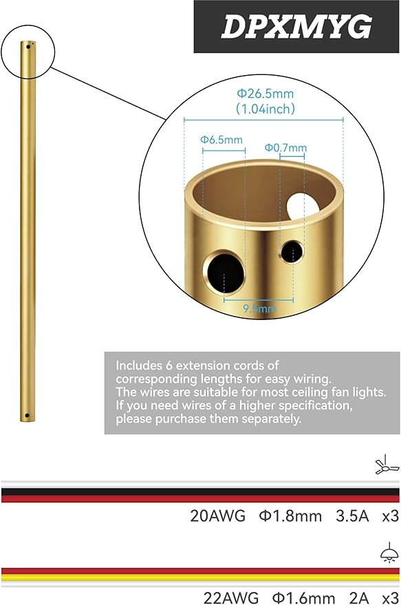 DPXMYG 60 inch Ceiling Fan Downrod with Extension Cord, 5 FT Gold Downrod for Ceiling Fan, 1 inch Outside Diameter, Boom Suitable for a Wide Range of Fans (Gold, Not Threaded)