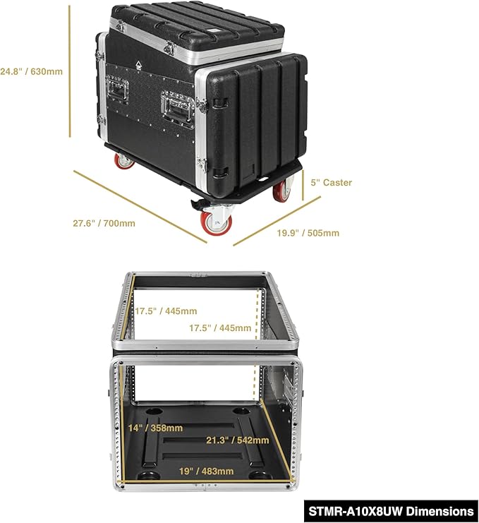 Sound Town Lightweight and Compact 8U ATA ABS Rack Case, with Slant Mixer Top, Casters, 21" Depth, 10U Top and 8U Side Spaces (STMR-A10X8UW)