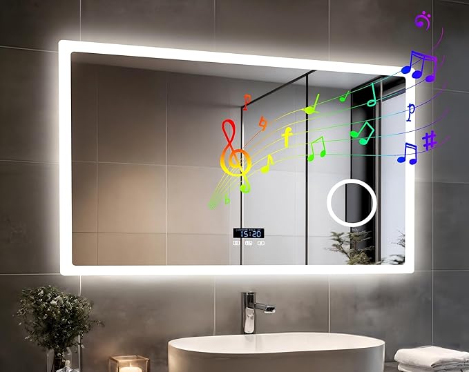 LUVODI Bathroom Mirror LED Lighted: 40x24 inch Rectangle Makeup Vanity with Bluetooth Speaker, Time Display, Magnifier, Anti-Fog, Memory Function, 3 Color Temperature