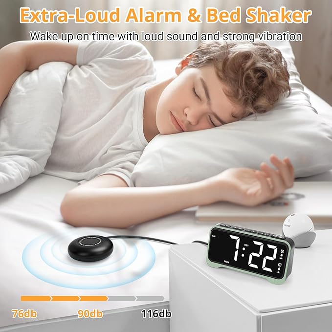 Loud Alarm Clock for Heavy Sleepers Adults/Kids, Dual Vibrating Alarm Clock Bed Shaker for Hearing Impaired/Deaf, 7.5’’ Large Display with Dimmer, Weekday/Weekend Mode, Nightlight, USB Port, Snooze