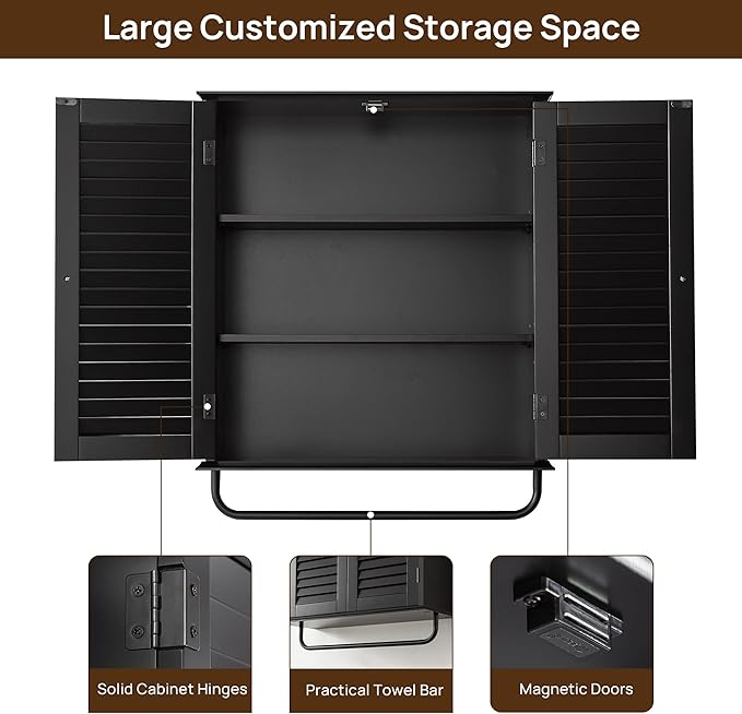 Bathroom Storage Cabinet with Adjustable Wood Shelves & Doors, Made of PDF Wood, Medicine Cabinet, Over The Toilet Storage Cabinet for Kitchen & Laundry Room Medicine Cabinet Black