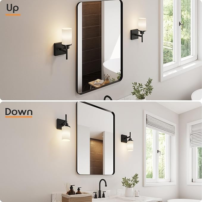 AONEON Wall Light Fixtures Matte Black Bathroom Vanity Lights Over Mirror with White Frosted Glass Shade, Wall Lamps for Porch Entrance, 2 Pack T001MB-L1-P2