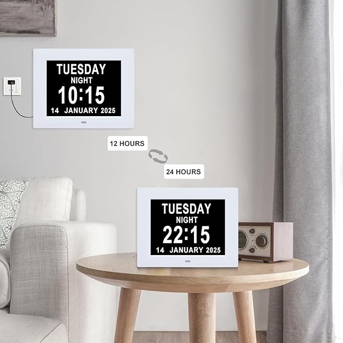 Digital Dementia Alarm Clock 8 inch Large Display, Electronic Calendar Clock with Day and Date for Elderly,3 Time Period Oversized Character Drug Reminders Clock for Dementia Elderly Patients