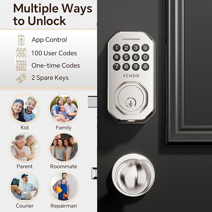 VCHOO Keyless Entry Door Lock Set Smart Locks for Front Keypad Door Lock with Handle Automatic Lock One Time Password Anti Peeping Password IP54, Satin Nickel