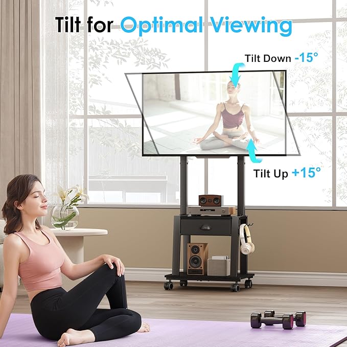 Mobile TV Stand with Drawer for 23-60 Inch Flat/Curved Screen,Tilt Rolling TV Cart on Wheels with 2 Shelves Adjustable Height Portable TV Stand Holds up to 50 lbs for Indoor Outdoor Max VESA 400x400mm