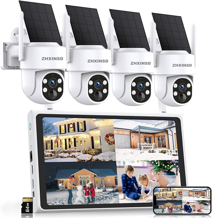 Solar Security Cameras Wireless Outdoor, 4MP FHD Battery Powered Home Security by ZHXINSD