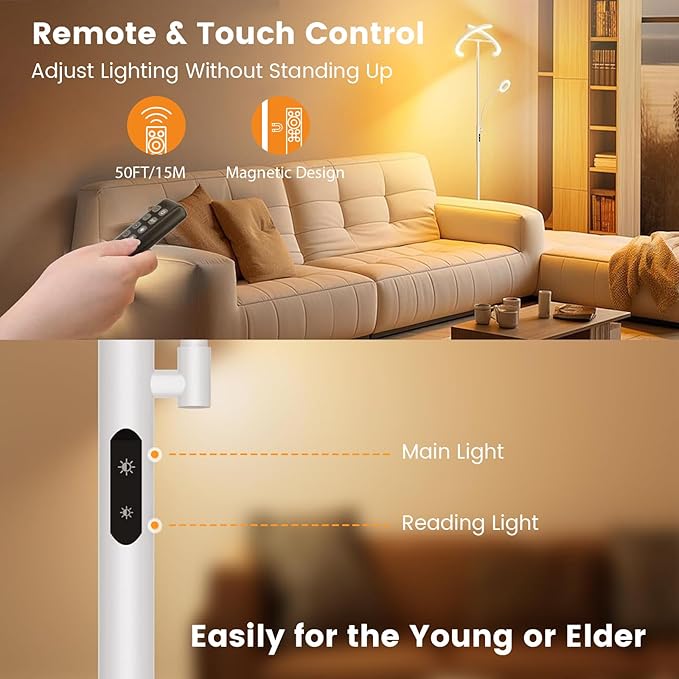 SIBRILLE White LED Floor Lamp - Dimmable 2 Lights Standing Lamp with Remote&Touch Control, 4 Color& 10 Brighness Adjustable Floor Reading Light, Modern Tall Lamp for Living Room Bedroom Office Corner