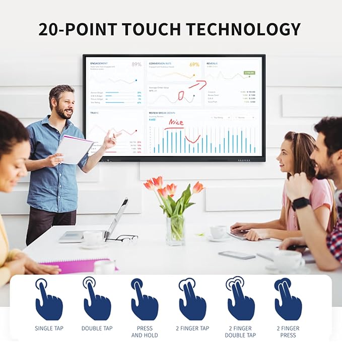 TouchWo 86" Touchscreen Monitor Smart Board, 4K Interactive Presentation Electronic Whiteboard with Android 13, Digital Signage Display for Office, Classroom,RAM 4GB+ ROM 32GB