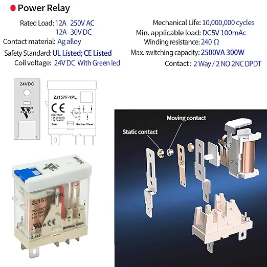 12 Pcs 12Amp Power Relay Switch UL Listed 24V DC Relay Coil, 5 Pin SPDT 1NO 1NC with Test Button, LED Module Light, Socket Base, DIN Rail