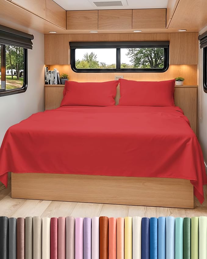 RV Short Queen Sheet Set 60 X 75 - 4 Piece RV Short Queen Bed Sheets - Ultra Soft, Breathable & Cooling - Designed for Bunks, Trailers & Campers - Fits 8” to 12" Mattress - Hotel Luxury Bedding - Red