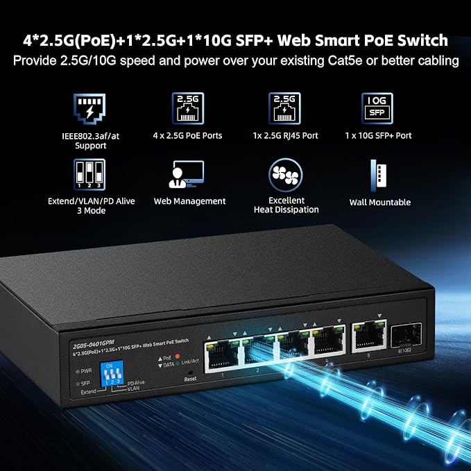 6 Port 2.5G PoE Managed Switch, 10G SFP+ Slot, IEEE802.3af/at 100W, Support - Image 2