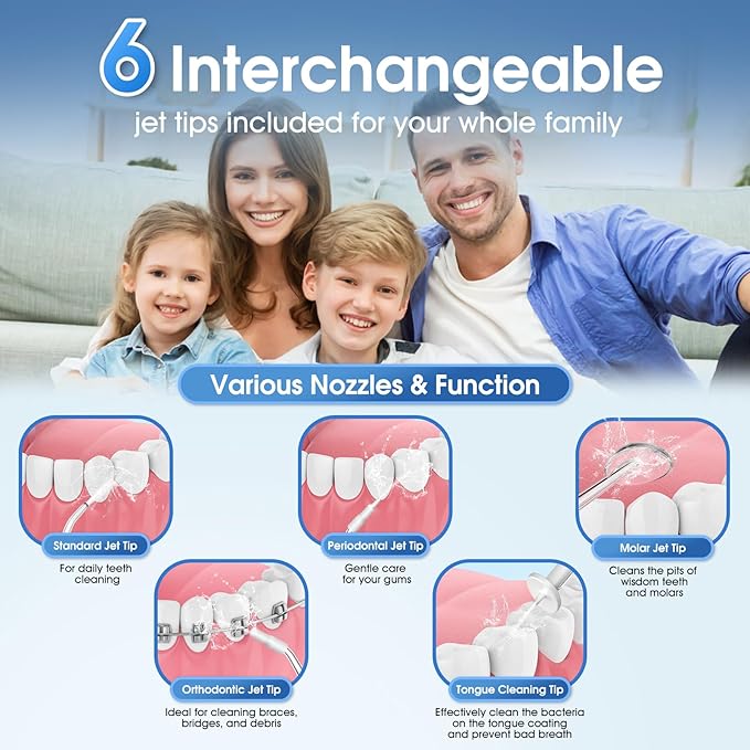 Water Flosser, Rechargeable 300ML IPX7 Waterproof Cordless Portable Oral Irrigator with 4 Modes & 6 Replaceable Jet Tips-Professional Flossing Cleaner for Daily Home Use,Travel,Gums,Braces Care-White