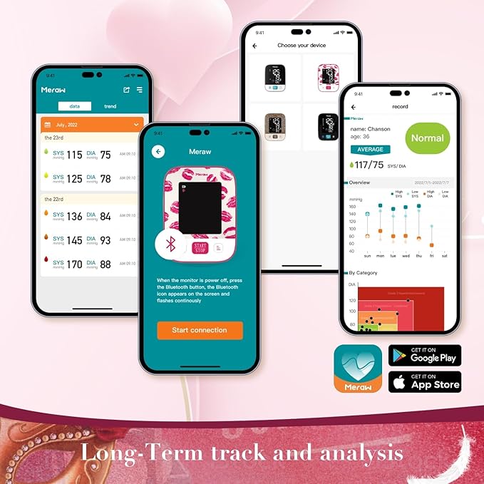 Meraw Blood Pressure Monitor Home Use, Blood Pressure Cuff Digital Arm, Blood Pressure Monitor Automatic Cuff 8.7-16.5" Bluetooth App Tracking Irregular Heartbeat Monitoring Pink