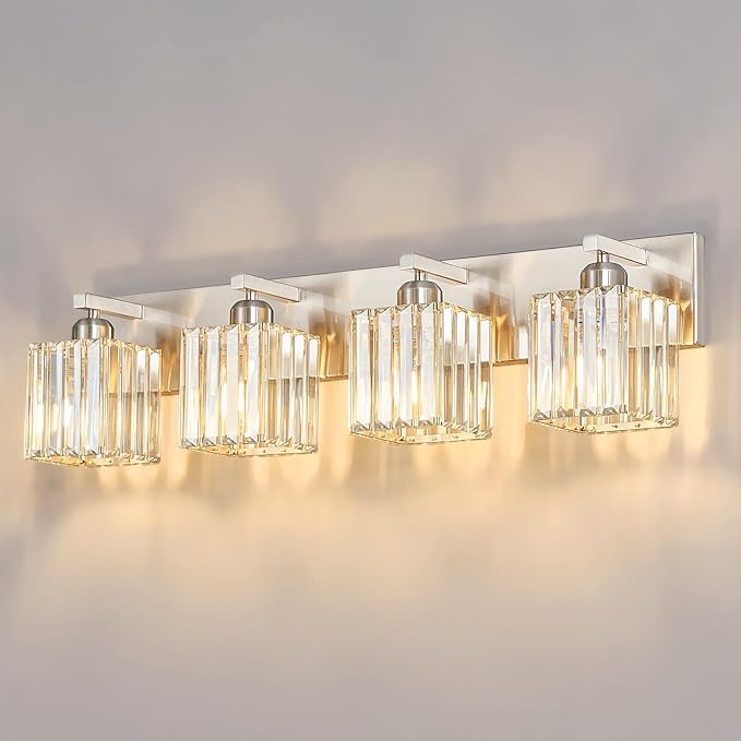 FDPBY Modern Vanity Light 4-Lights Brushed Nickel Vanity Light Crystal Bathroom Wall Light Bathroom Light Fixtures