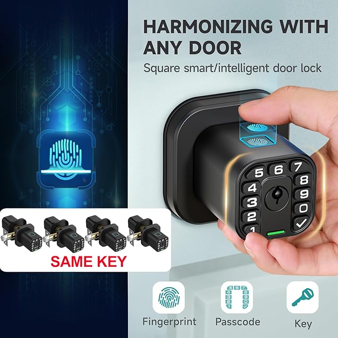 Richelock Fingerprint Door knob, Smart Biometric Door Lock with Keypad, Keyless Entry Code Door Knob, Waterproof & Weatherproof, Auto Lock,Voice Navigation, for Bedroom, Gate,Office