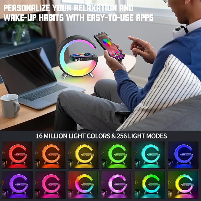Smart Table Lamp, 15W Wireless Charger Station with LED Atmosphere Lamp, Bedside Night Light, Alarm Clock, Bluetooth Speaker with App Control for Home Decor, Gift for Girls Boys for Birthday Christmas