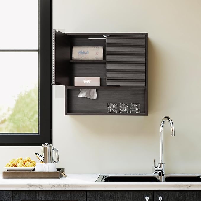 Wall Mounted Bathroom Cabinet with Motion Sensor LED Light & Tissue Dispenser, Modern Black Medicine Cabinet Over Toilet with Fluted Door, Adjustable Shelf for Skincare & Makeup Storage