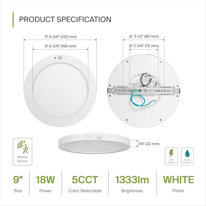 ASD LED 9" Round Flush Mount Ceiling Light Fixture, Low Profile Surface Lighting | 5CCT, Motion Sensored, Ultra-Thin, ETL Listed | 15W 1300LM 2700-6000K 120V | Kitchen, Hallway Lamp | White, 12 Pack