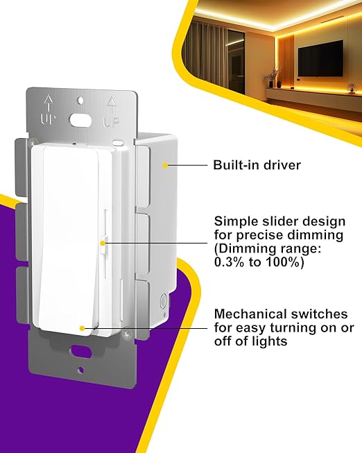HitLights LED Driver and Dimmer Switch in One 120W, 120V AC to 12V DC, Compatible with Most Solid Color 12V Strip Tape Lights, UL Listed, Single-Pole/3-Way, EZDim Pro, White