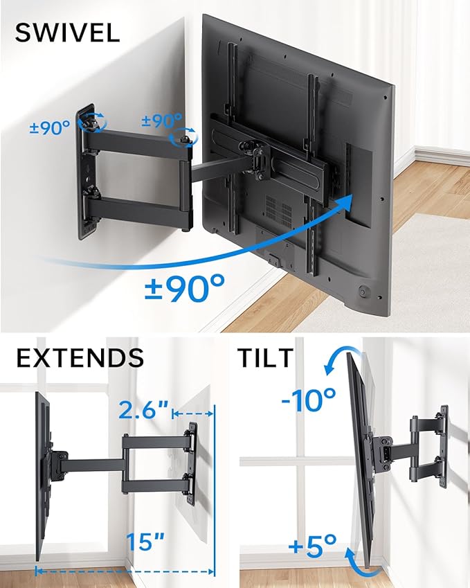 Full Motion TV Wall Mount for Most 32-55 inch TVs up to 66 lbs, Rotation, Swivel, Tilt Articulating Wall Mount Bracket with Magnetic Level and Cable Storage for Corner Living Room Max VESA 400x400mm