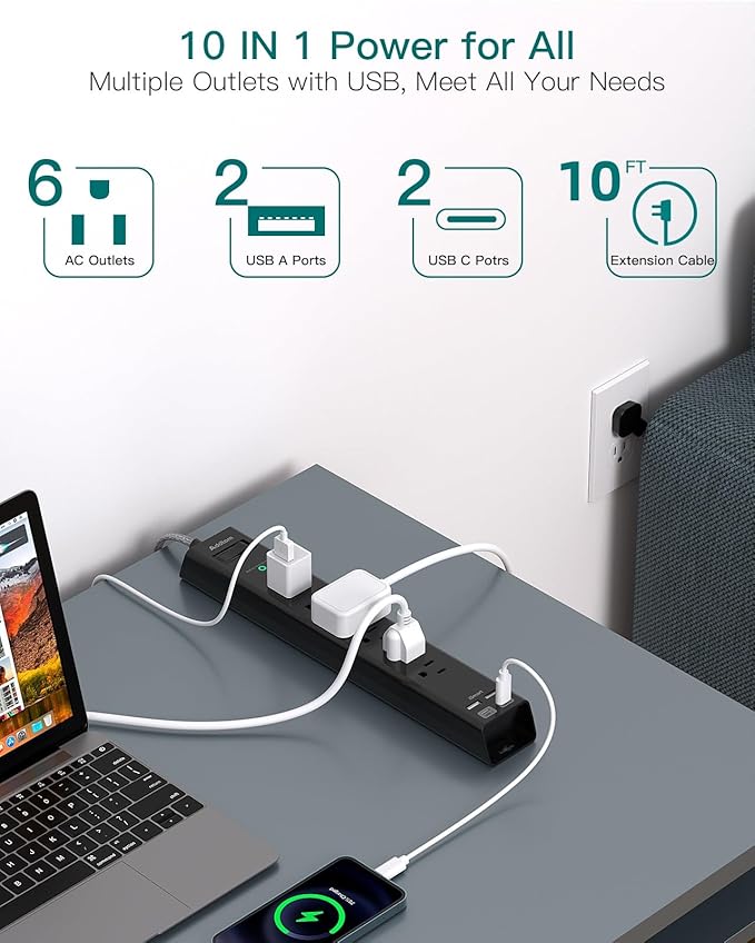 Extension Cord with Multiple Outlets 10 Ft - Power Strips with Surge Protection, Flat Plug with 6 AC Outlets 4 USB (2 USB-C Ports), Wall Mount Outlet Extender for Home Office Dorm Room Essentials