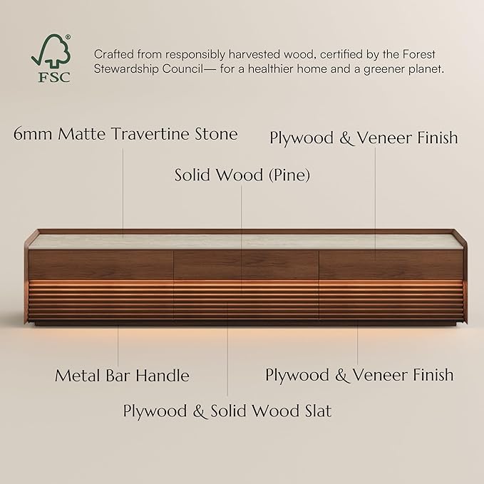POVISON Fully-Assembled Mid Century Matte Sintered Stone TV Stand, 94.49" Wood Media Console with Adjustable LED Light, Entertainment Center with Storage for Living Room
