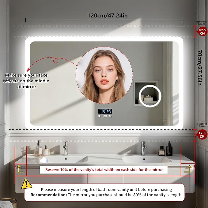 LUVODI Bathroom LED Wall Mirror: 48x24 inch Rectangle Makeup Vanity with Lights Bluetooth Speaker, Time Display, Magnifier, Anti-Fog, Memory Function, 3 Color Temperature