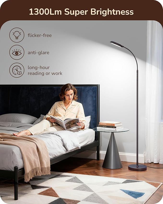 EDISHINE Modern LED Floor Lamp, 1300LM Bright Floor Lamps for Living Room, 4 Color Temperature Dimmable Reading Lamp, Remote & Touch Control, 2 Timer, Adjustable Gooseneck for Bedroom Office Brown