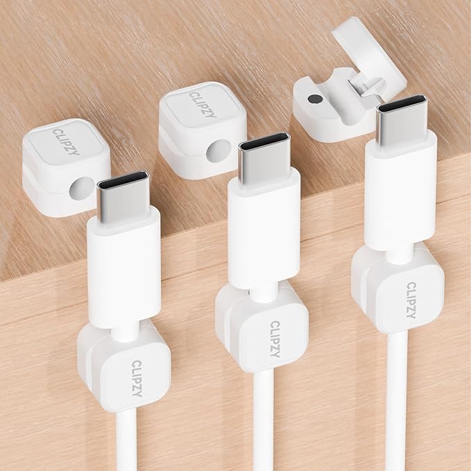 Clipzy 6 Pack Magnetic Cable Clips & Cord Holder, Under Desk Cable Management, Adhesive Wire Holder Keeper Organizer for Home Office Computer Desk Phone Car Wall Desktop Nightstand (White)
