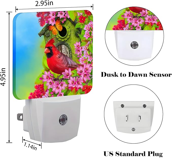 FSHVQKD Red Cardinal Night Light,Plug-in Night Lights with Dusk to Dawn Sensor for Stairway,Hallway,Bedroom Sleep Friendly Ideal for Women/Girls/Boys Gift,0.5w