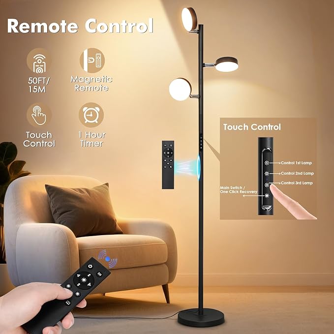 Benaep Tree Floor Lamp for Living Room - Modern Black Standing Lamp, LED Floor Light with Remote & Touch, 3000K-6000K Dimmable for Bedroom Office Reading (3 Head)