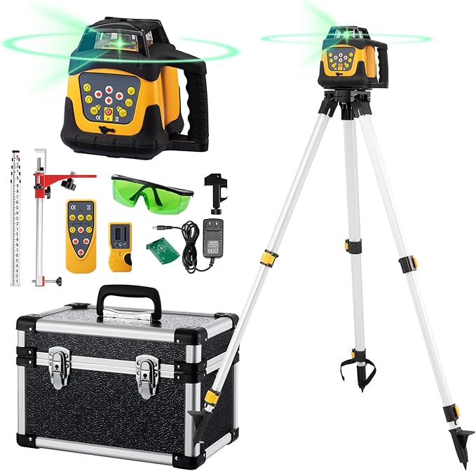 Self-Leveling Green Rotary Laser Level Kit, 2000ft Range with Receiver, ±1/8" Accuracy at 100ft, Class II ≤ 5 mW Laser, IP66 Waterproof, Includes Tripod, Grade Rod & Carrying Case
