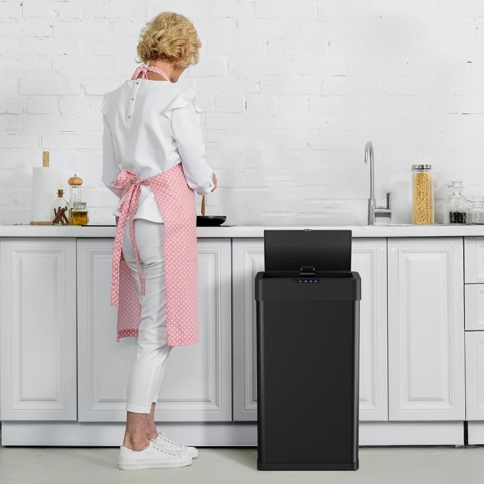 Arlopu Automatic Trash Can,Sensor Motion Stainless Steel Garbage Bin, Touchless Smart Waste Bin, W/Stay-Open, Soft Close Lid, Display Light for Kithchen, Living Room, Office (Black, 18.5gal)