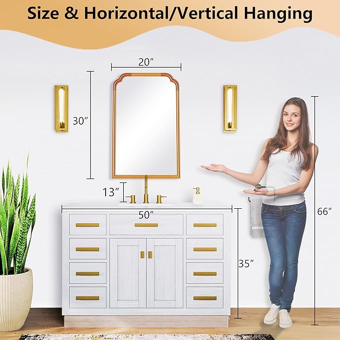 Wood Frame Wall Mirror for Bathroom, Rounded Corner Arch Rectangle Mirror for Entryway, Living Room or Bedroom Home Decor - Light Woodgrain [20" x 30" Natural Color]
