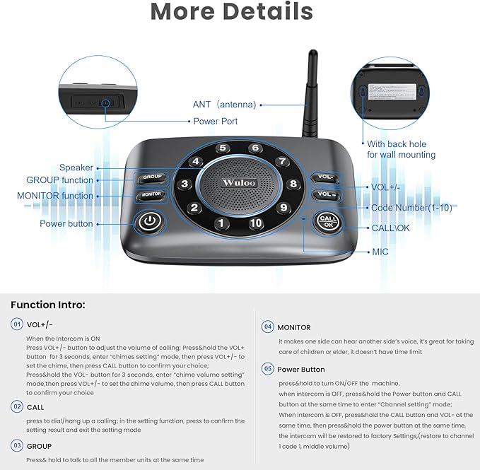 Hands-Free Intercoms Wireless for Home Business, Wuloo Upgrade Two Way Audio Intercom System for Elderly, Full Duplex Room to Room Intercom with 5280 ft Range Clear Sound Anti-Interference, Pack of 2