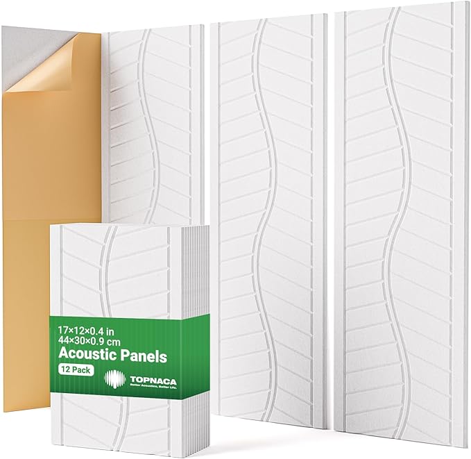 Topnaca 12 Pack Acoustic Wall Panels Sound Absorbing for Recording Studio, Self-Adhesive Leaf Textured Decorative White Art Ceiling Tiles - Acoustical Treatments for Home Gaming Room Door 17"×12"×0.4"