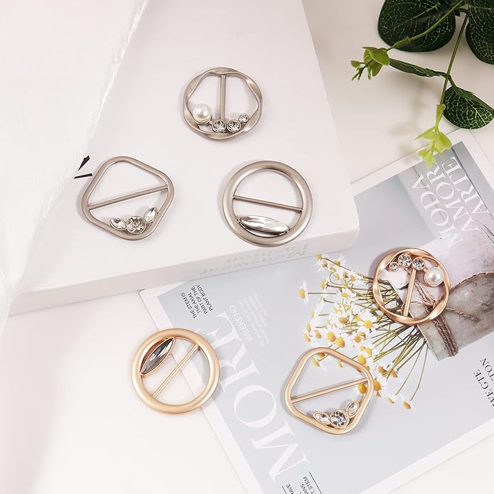 T-Shirt Clips 9 PCS, Clothes Corner Knotted Button, Fashion Alloy Pearl Rhinestone Circle Clip Buckle Round Shirt Silk Scarf