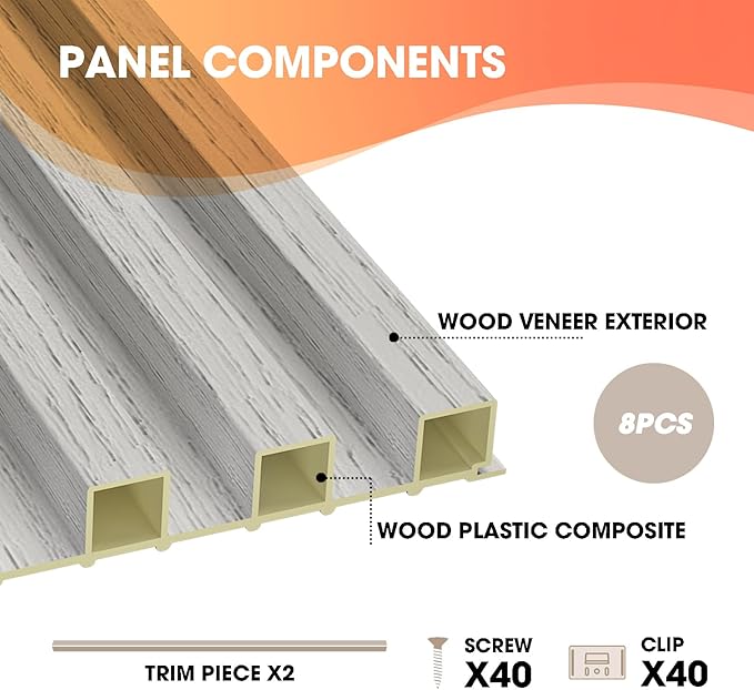 OUZUGIE WPC Acoustic Slat Wall Paneling, 8-Pack 96 x 6 Inches 3D Wall Panels for Interior Wall Decor,Living Room,TV Background,Study Room,Office Spaces,Bedroom,High Grille (Grey)
